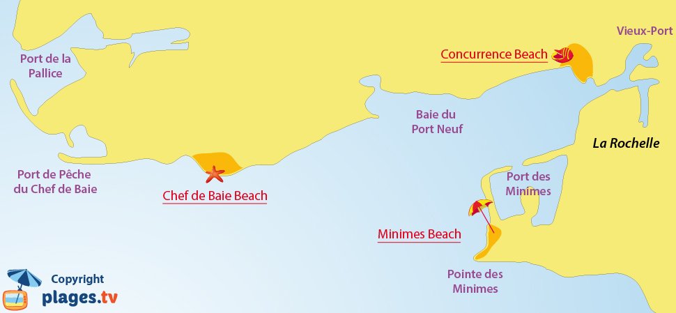 Map of La Rochelle beaches in France