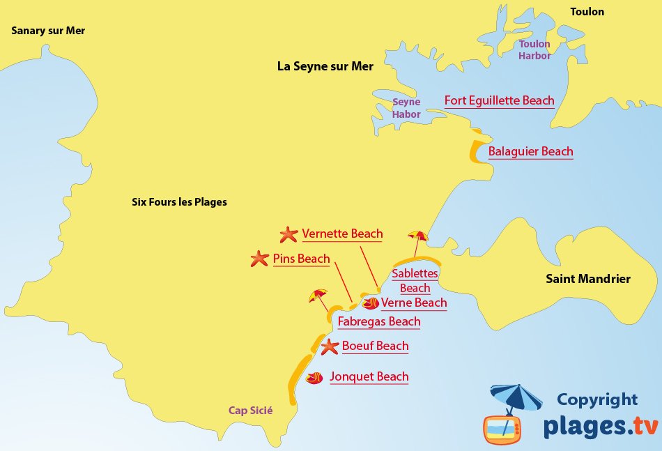 Map of La Seyne sur Mer beaches in France
