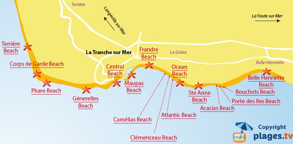 Map of La Tranche sur Mer beaches in France