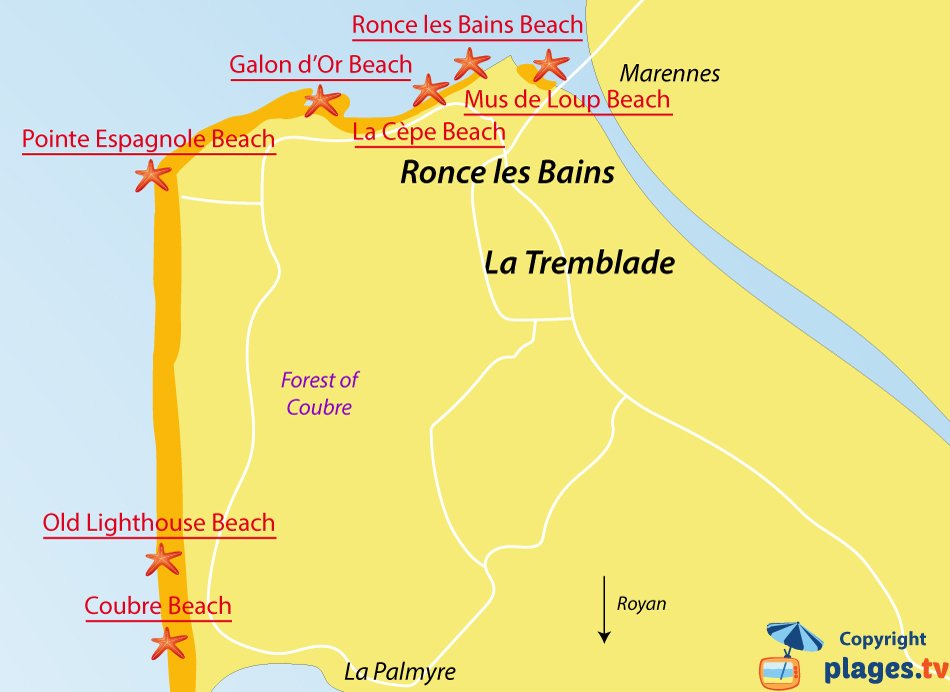 Map of La Tremblade beaches in France