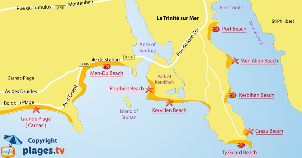 Map of La Trinité sur Mer beaches in France in Brittany