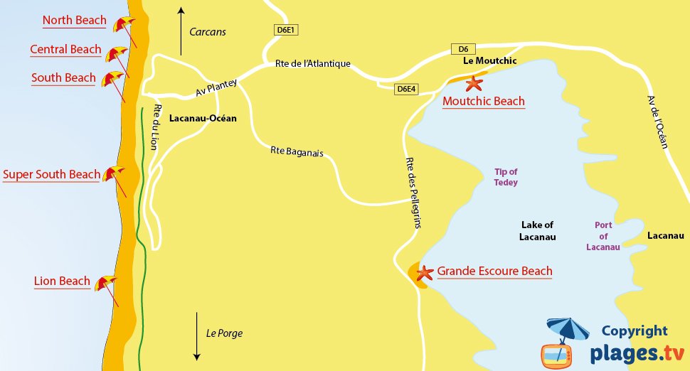 Map of Lacanau beaches in France