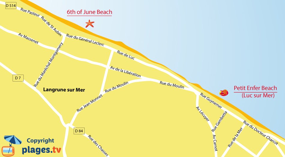 Map of Langrune sur Mer beaches in Normandy