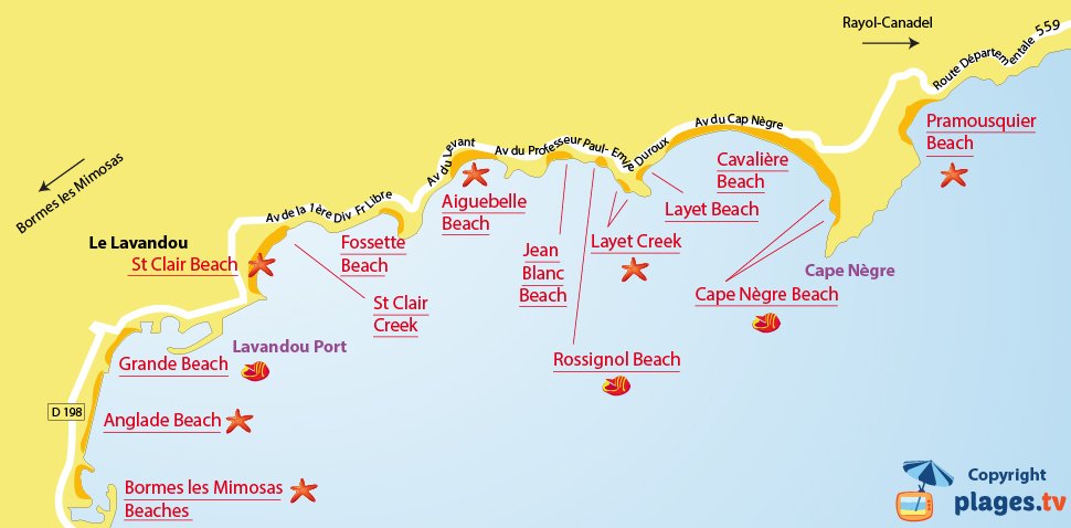 Map of the Lavandou beaches in France