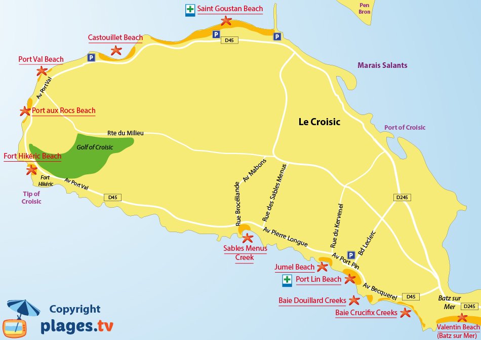 Map of Le Croisic beaches in France