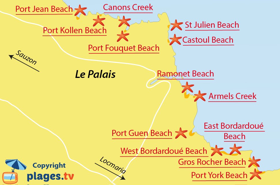 Map of Le Palais beaches in Belle Ile en Mer - France