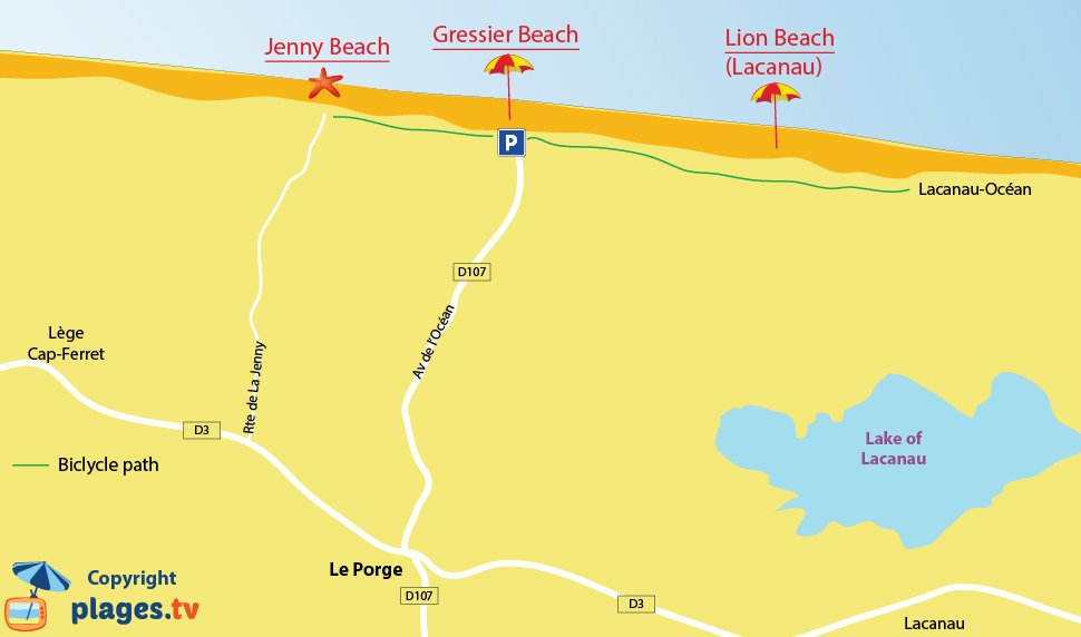 Map of Le Porge beaches in France