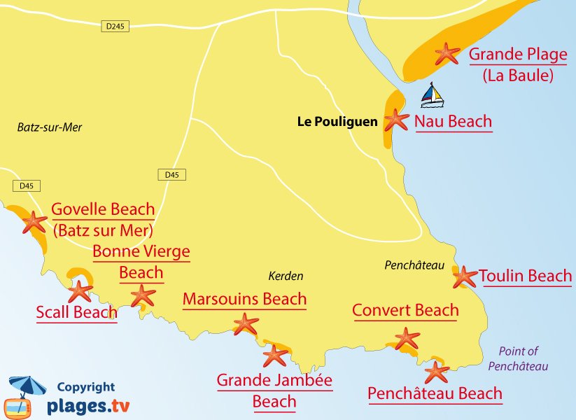 Map of Le Pouliguen beaches in France