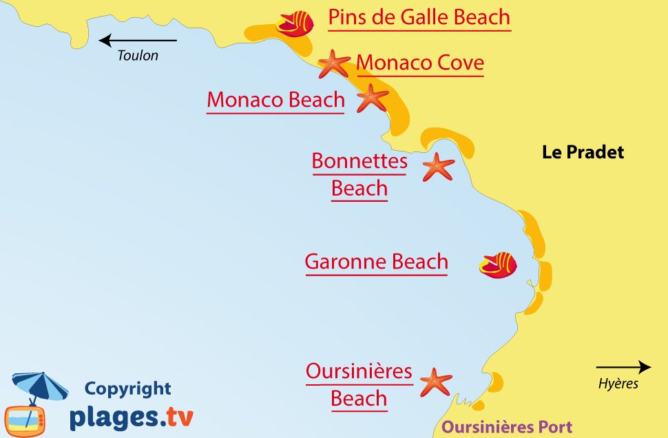 Map of Le Pradet beaches in France