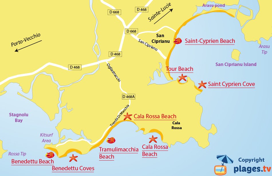 Map of Lecci beaches in Corsica