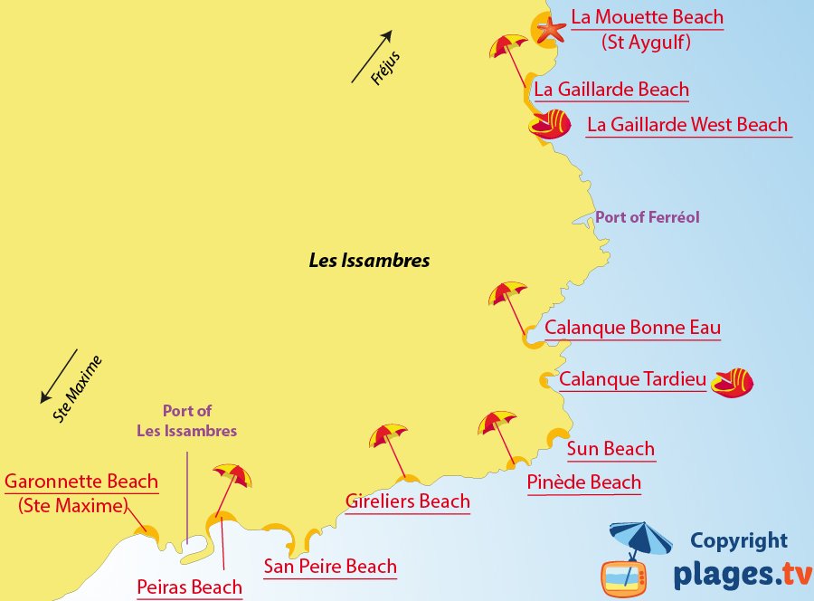 Map of Les Issambres beaches in France