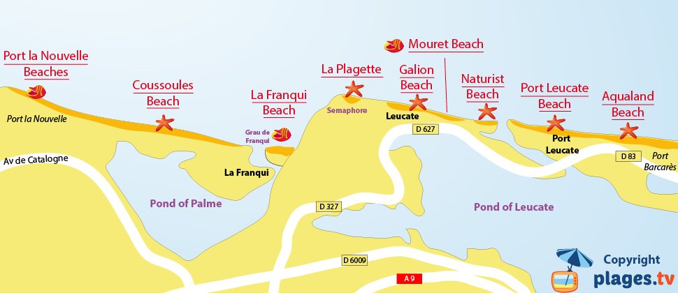 Map of Leucate beaches in France