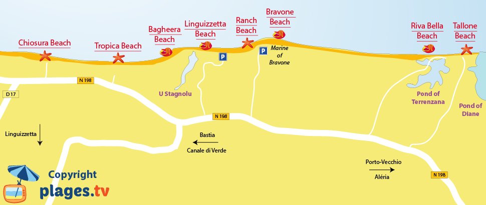 Map of Linguizzetta beaches in Corsica