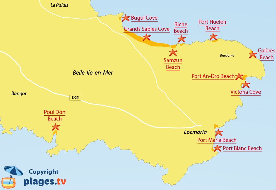 Map of Locmaria beaches in Belle-Ile-en-Mer in France