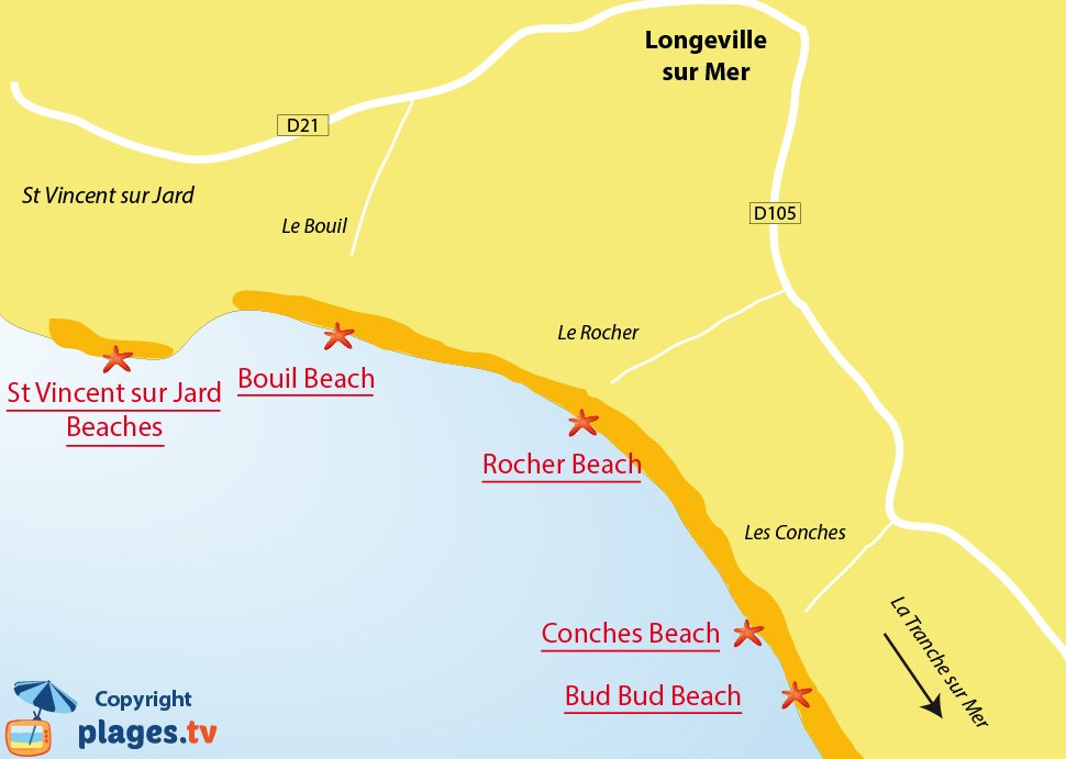 Map of Longeville sur Mer beaches in France - Vendee