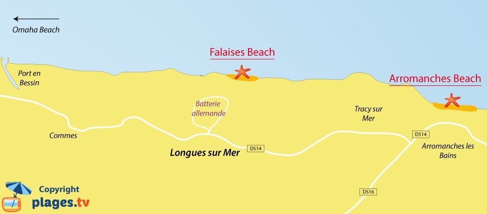 Map of Longues sur Mer beaches in Normandy - France