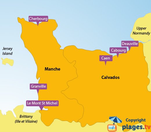 Map of the seaside resorts and beaches in Lower Normandy - France