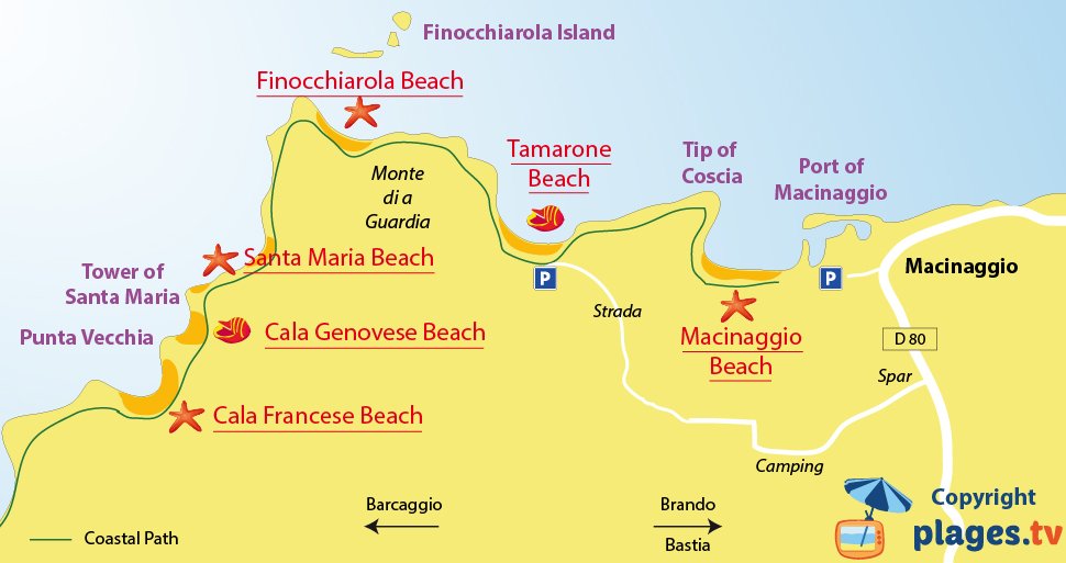 Map of Macinaggio beaches in Corsica