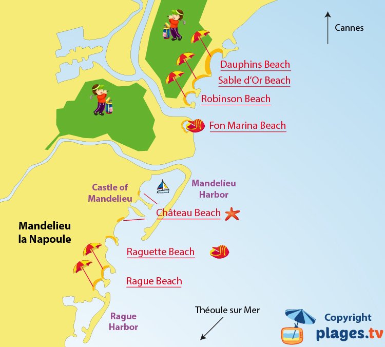 Map of Mandelieu-la-Napoule beaches in France