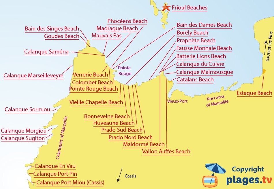 Map of beaches and calanques of Marseille - France