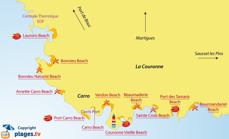 Map of Martigues beaches - La Couronne - France