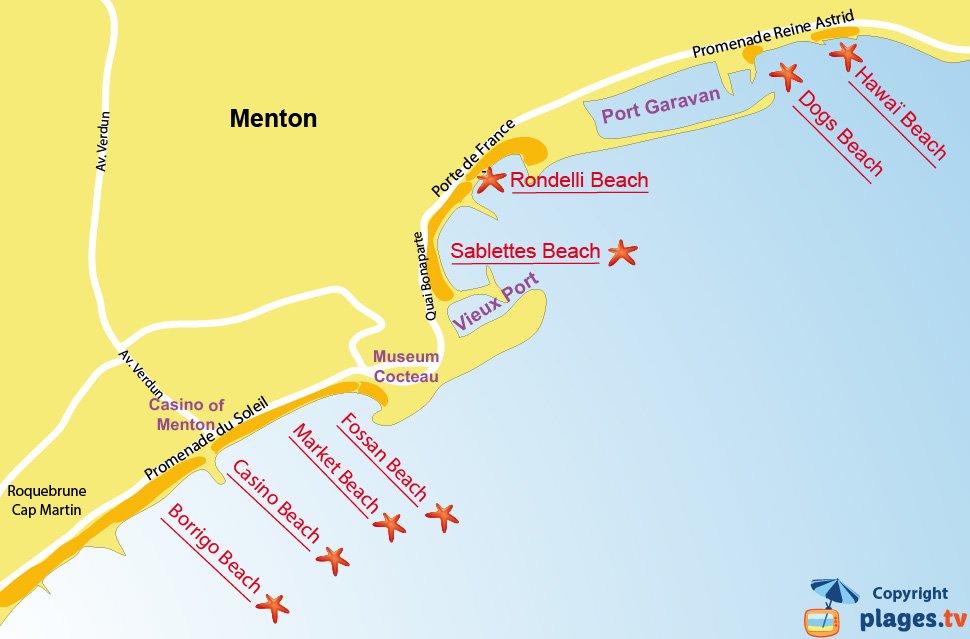 Map of the beaches of Menton