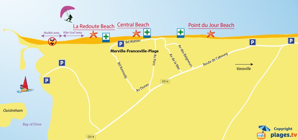 Map of Merville-Franceville beaches in Normandy - France