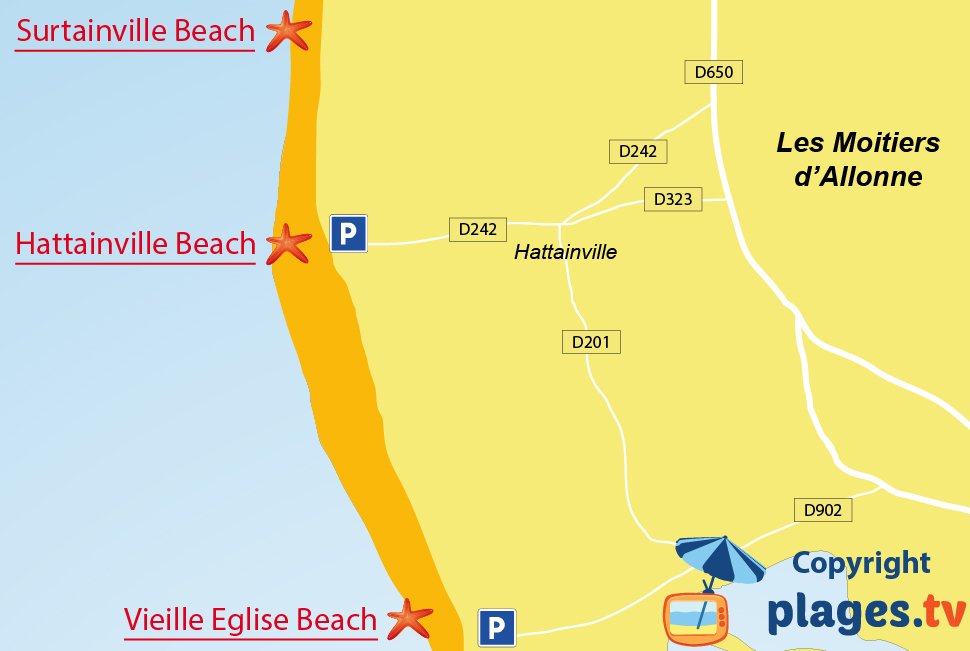 Map of Les Moitiers d'Allonne beaches in France