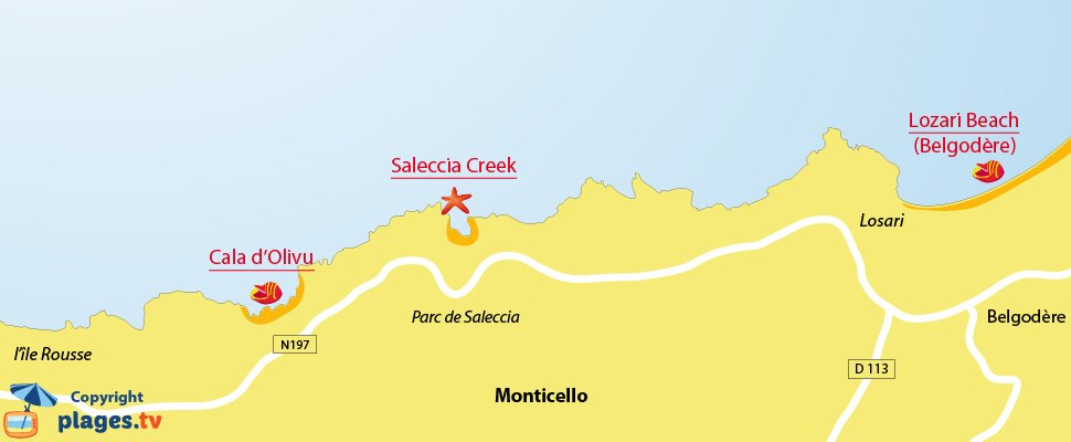 Map of Monticello beaches in Corsica