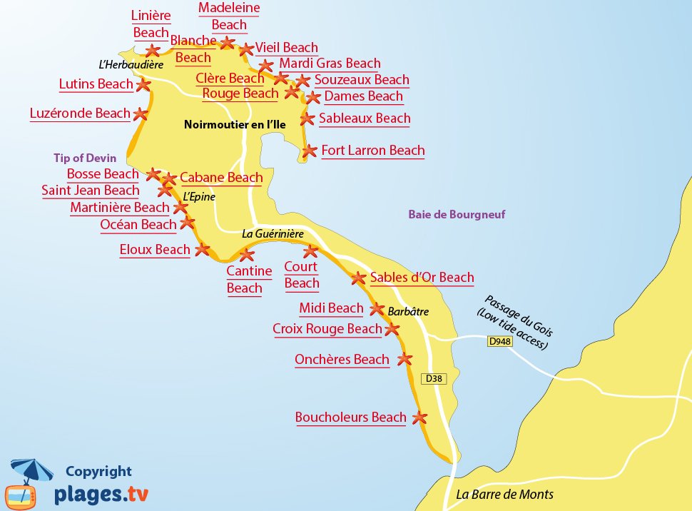 Map of the Noirmoutier beaches in France