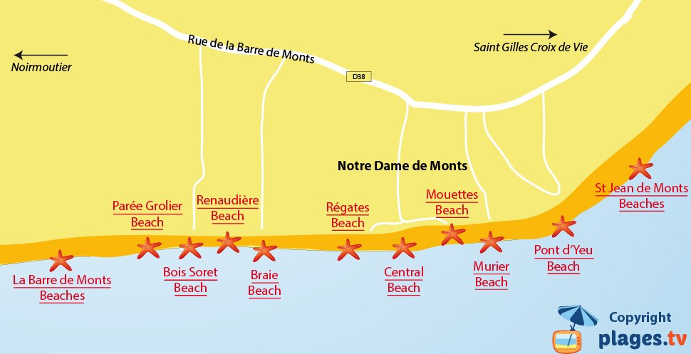 Map of Notre Dame de Monts beaches in France