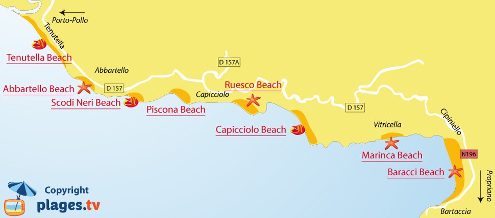 Map of Olmeto beaches in Corsica