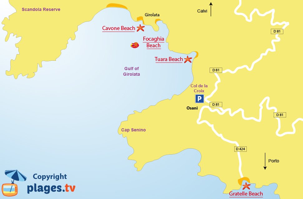 Map of Osani beaches in Corsica (Girolata)