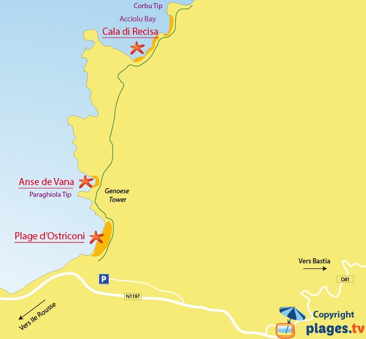 Map of Palasca beaches (Ostriconi) in Corsica