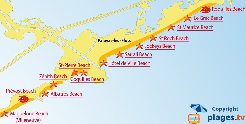 Map of Palavas-les-Flots beaches in France