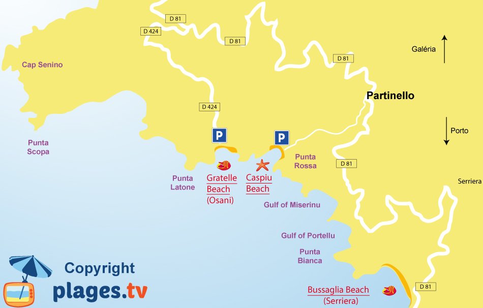 Map of Partinello beaches in Corsica - gulf of Porto