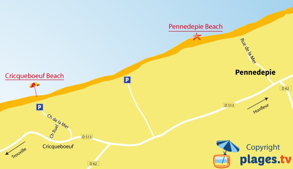 Map of Pennedepie beaches in Normandy