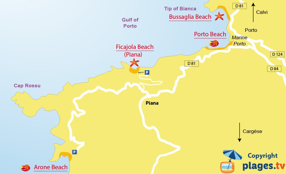 Map of Piana beaches in Corsica - France