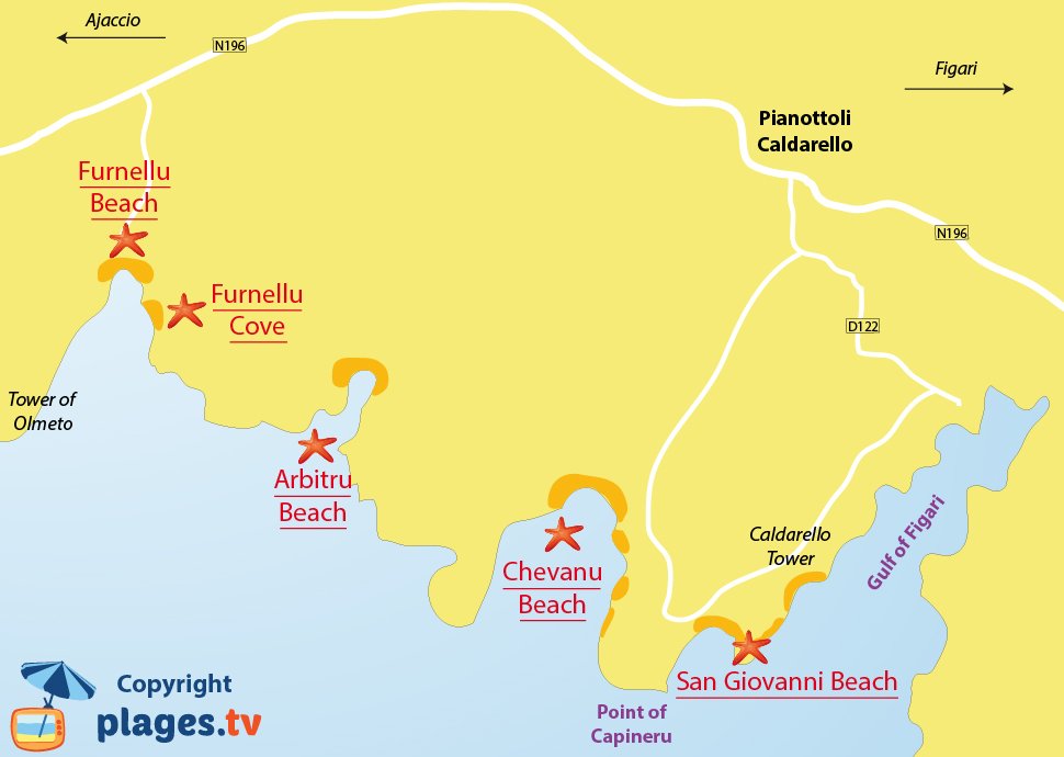 Map of Pianottoli-Caldarello beaches in Corsica