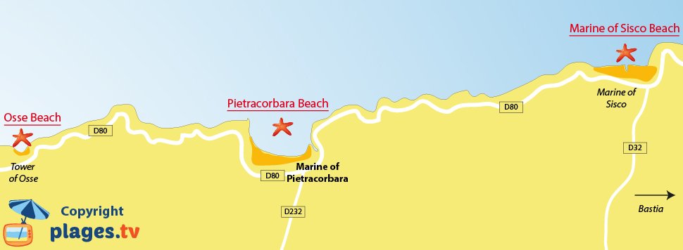 Map of Pietracorbara beaches in Corsica