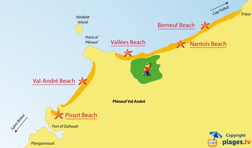 Map of Pléneuf Val André beaches in Brittany - France