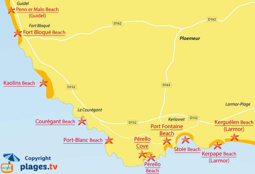 Map of Ploemeur beaches in Brittany