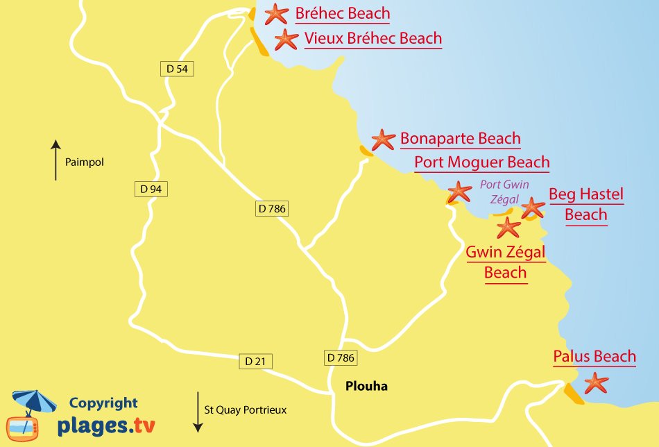 Map of Plouha beaches in Brittany - France