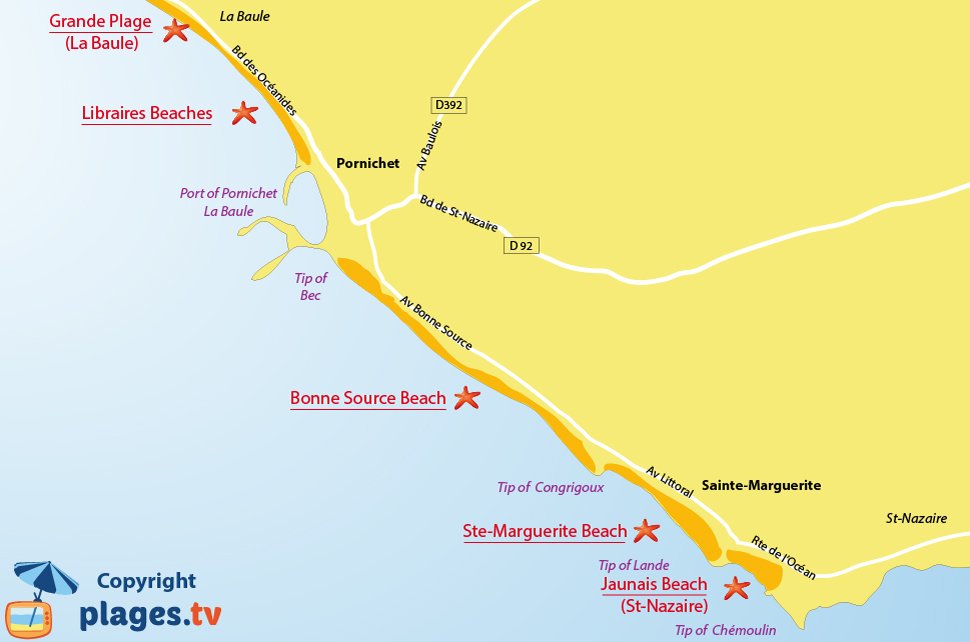 Map of Pornichet beaches in France