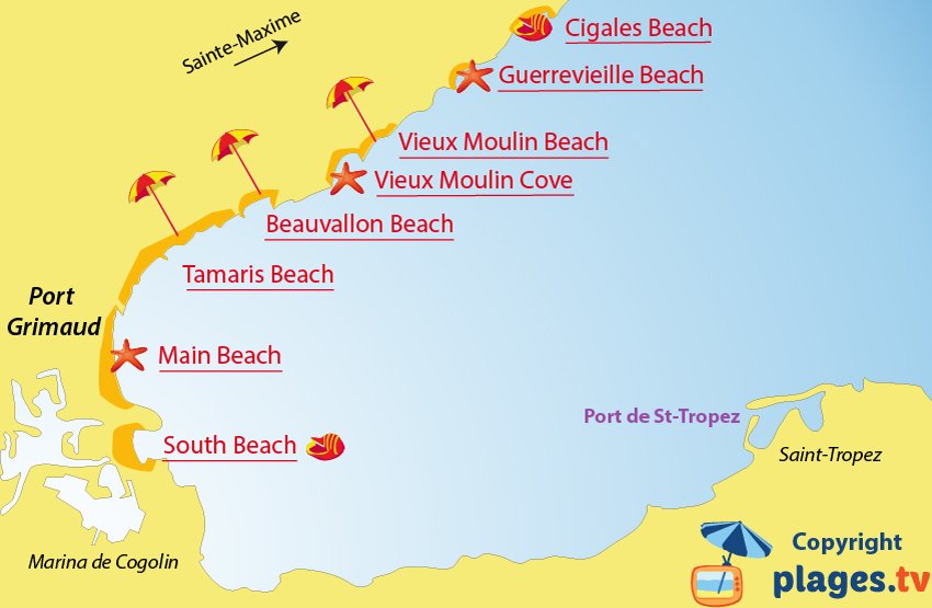 Map of Port-Grimaud beaches in France