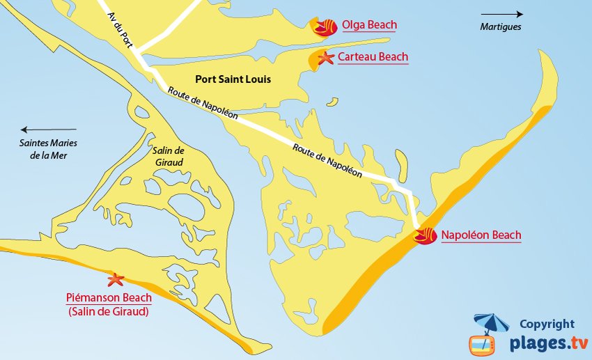 Map of the Port Saint Louis beaches in France