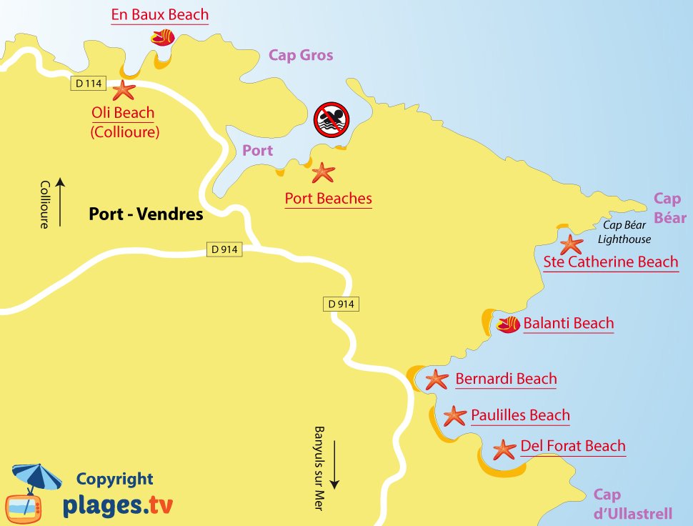 Map of Port Vendres beaches in France