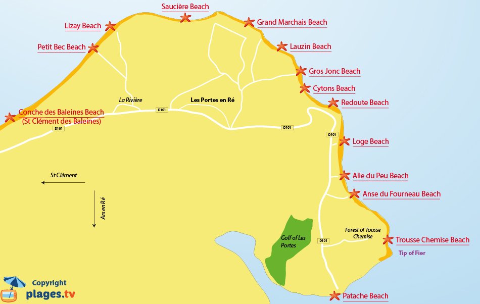 Map beaches of Les Portes en R in France - Re Island