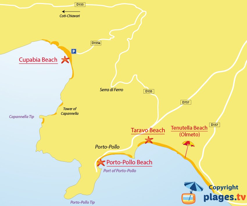 Map of Porto-Pollo beaches in Corsica