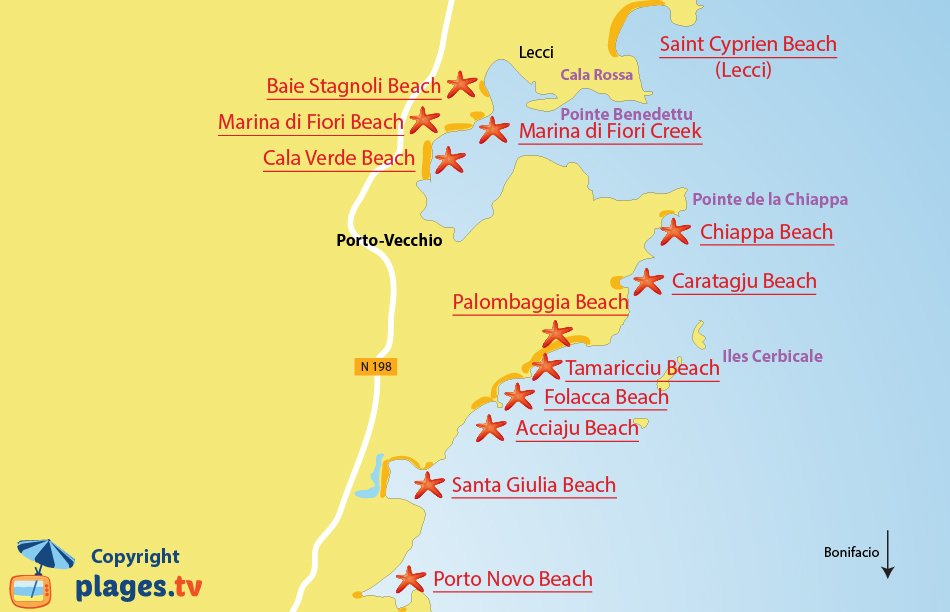 Map of Porto Vecchio beaches in Corsica